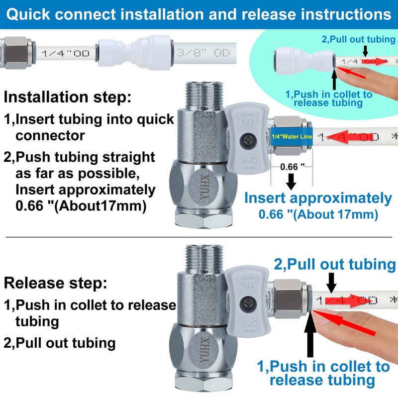 YUHX Feed Water Adapter 3/8" x 1/4" or 3/8" Add-A-Tee, 1/2 x 1/4 or 3/8 Water Line splitter,1/4 Push to Connect not Fit Thread or Braided Hose - Image 4